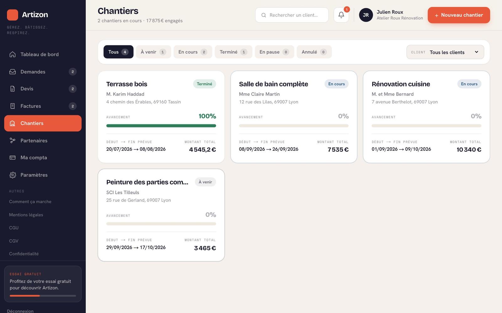 Liste des chantiers en cours avec leur avancement