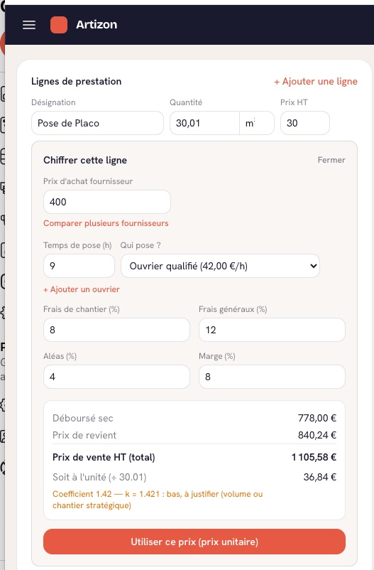 Calcul du prix de vente d'une ligne de devis à partir du coût réel, avec le coefficient obtenu