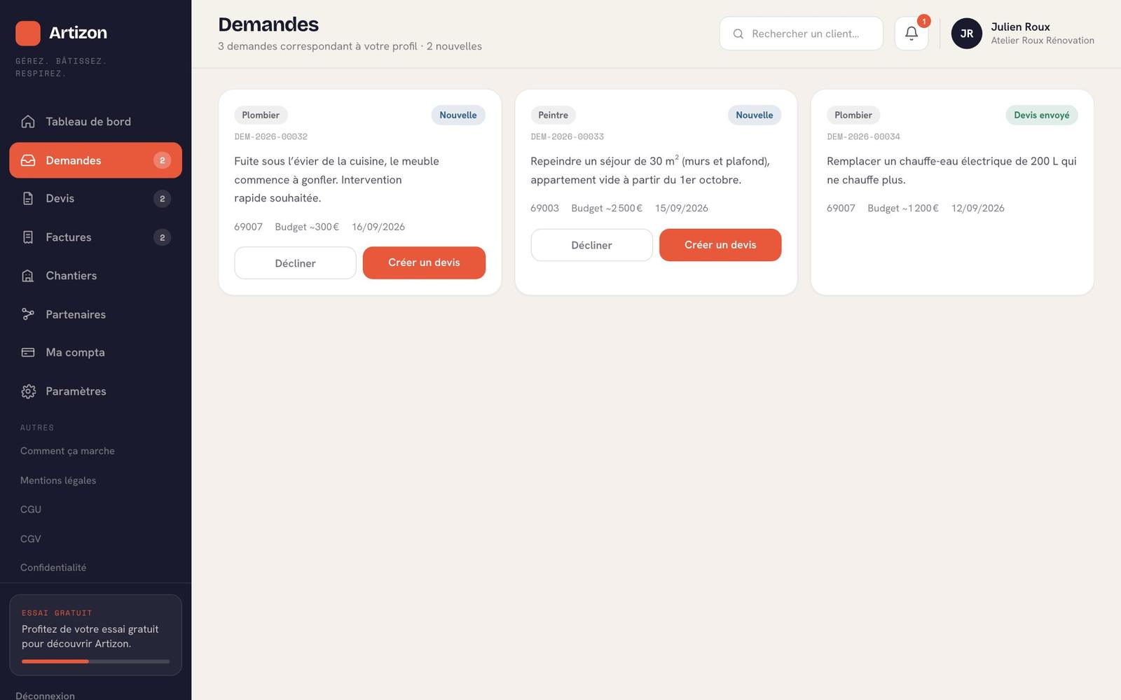 Liste des demandes de clients reçues par un artisan