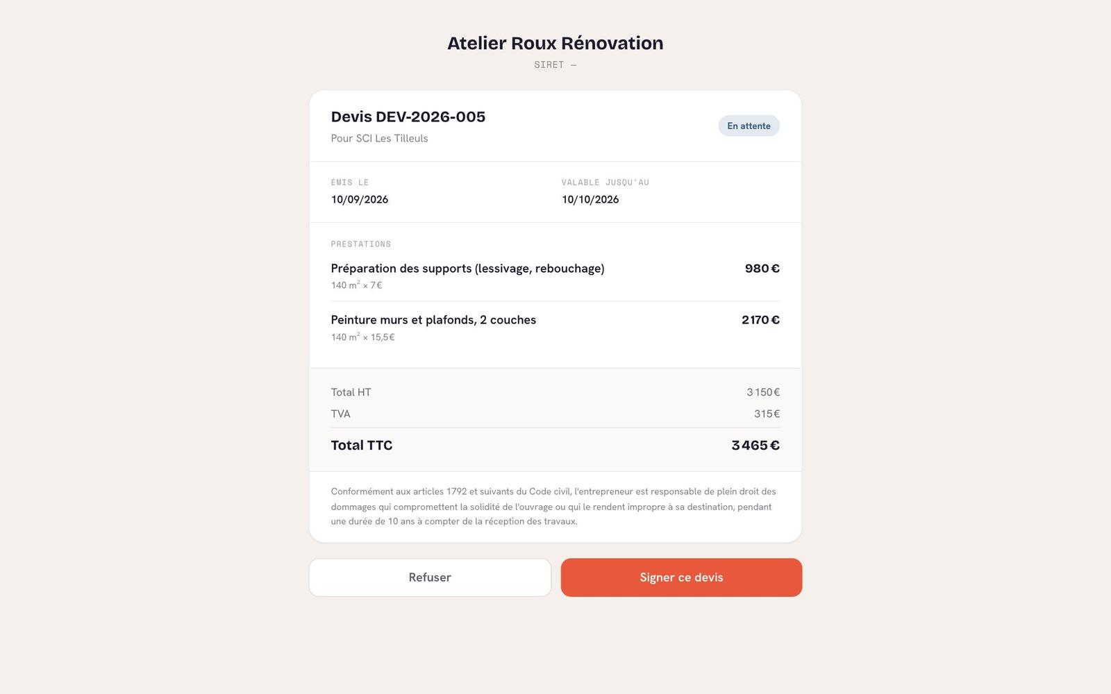 Page publique d'un devis Artizon, vue par le client, avec le bouton de signature